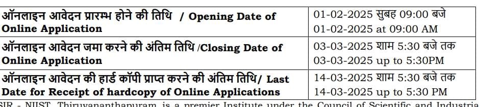 NIIST Latest Notification Release: Apply Online 2025