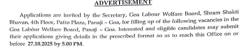 Summary of Job Vacancies at Goa Labour Welfare Board 2025